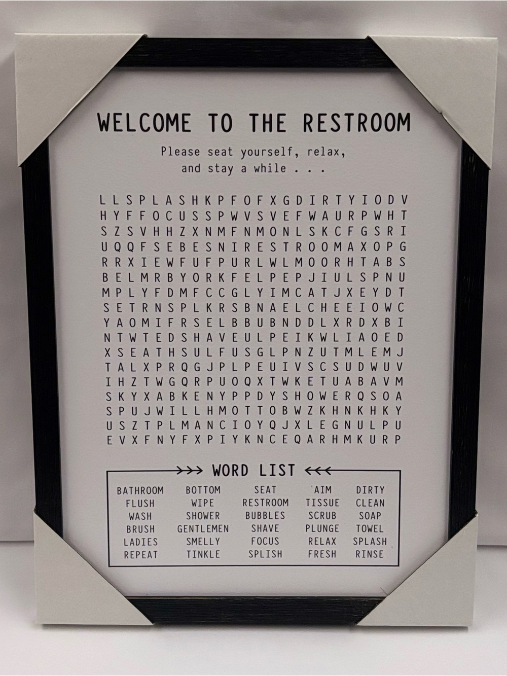 Bathroom Word Search Wood Wall Decor Framed Puzzle Sign Funny Restroom Wall Art